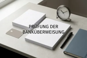 Unbeschriebene Bankformulare neben Uhr, Bankkarte und Stift auf einem Schreibtisch