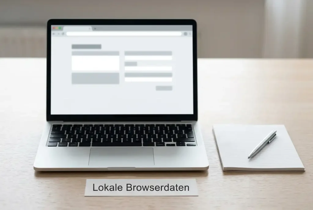 Neutraler Laptop mit abstrahierten Browserfeldern neben Notizbuch und Stift