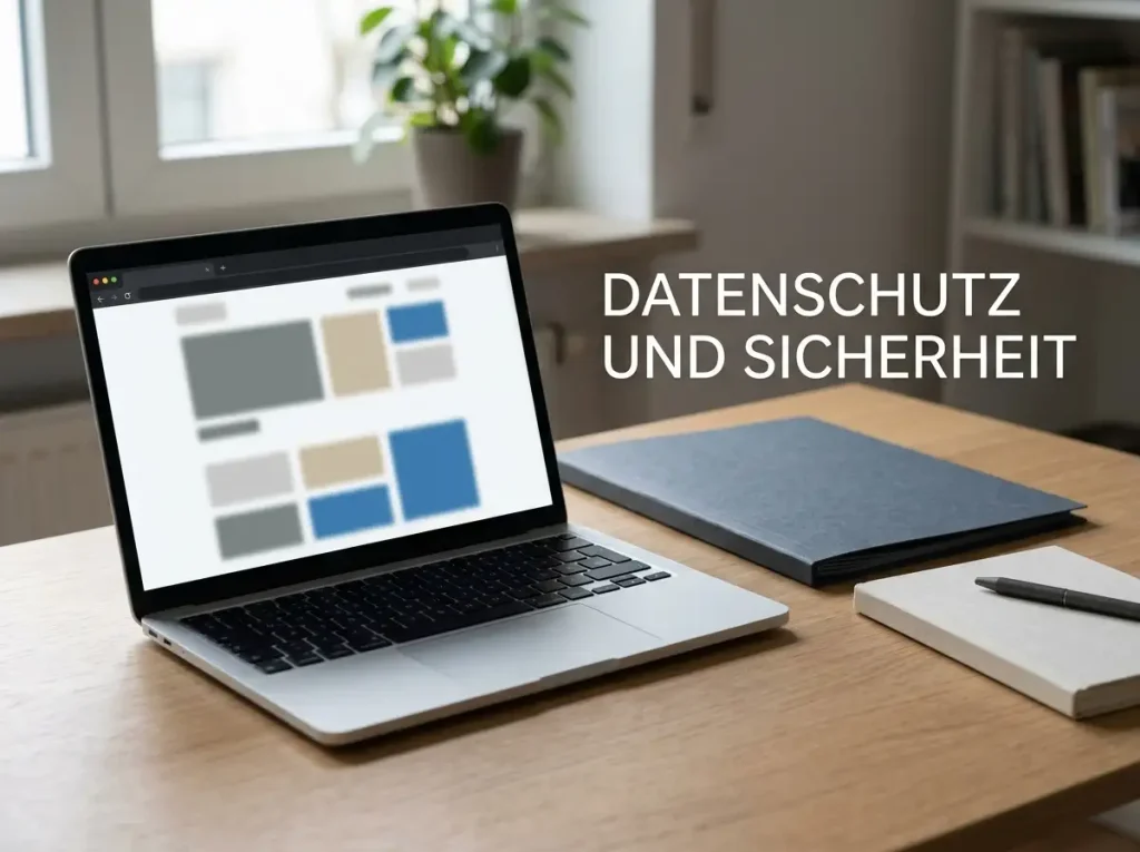 Geschlossenes Notebook neben einem neutral dargestellten Browserfenster und einer Dokumentenmappe