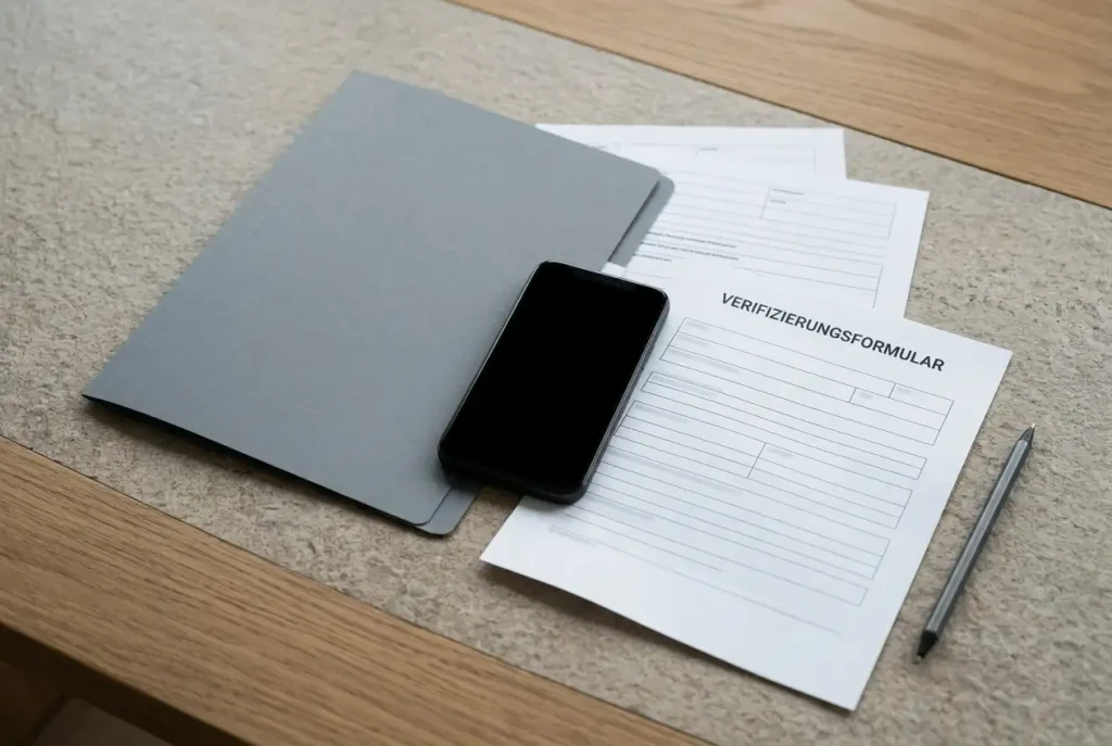 Smartphone neben neutralen, anonymisierten Formularen und einer verschlossenen Dokumentenmappe