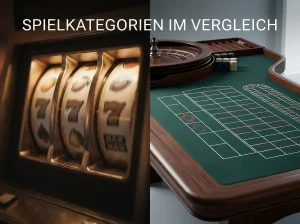 Links beleuchtete Slotwalzen und rechts ein unbeschrifteter Roulette-Spieltisch