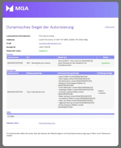 Ansicht des öffentlichen Lizenzregisters mit dem Eintrag für One Casino Limited