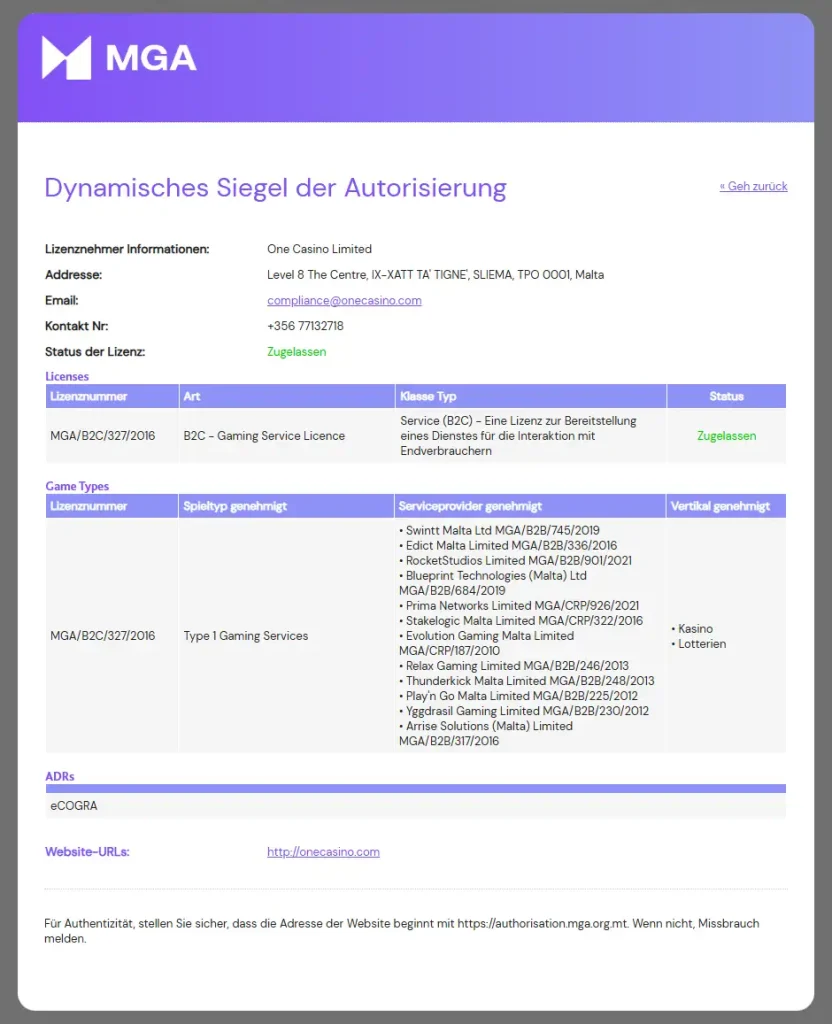Ansicht des öffentlichen Lizenzregisters mit dem Eintrag für One Casino Limited