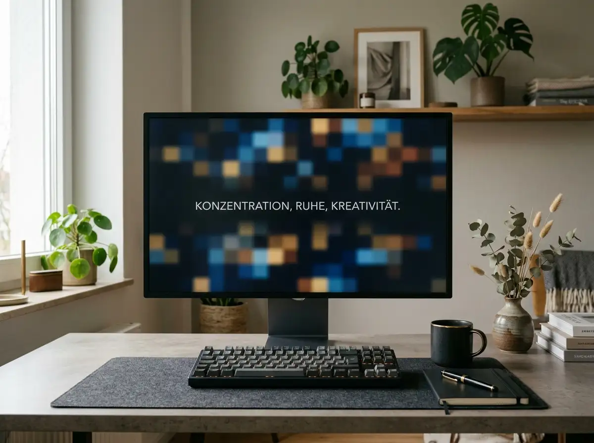Monitor, Tastatur und dezente Lichtreflexe an einem aufgeräumten Schreibtisch