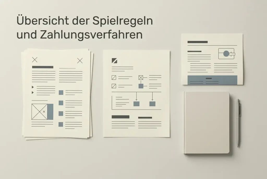 Geordnete Notizen zu Spielen, Zahlungen und Kontoregeln auf einem neutralen Schreibtisch