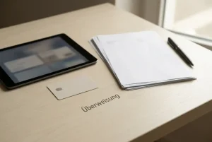 Neutrale Bankkarte neben Tablet, Stift und geordneten Kontoauszügen